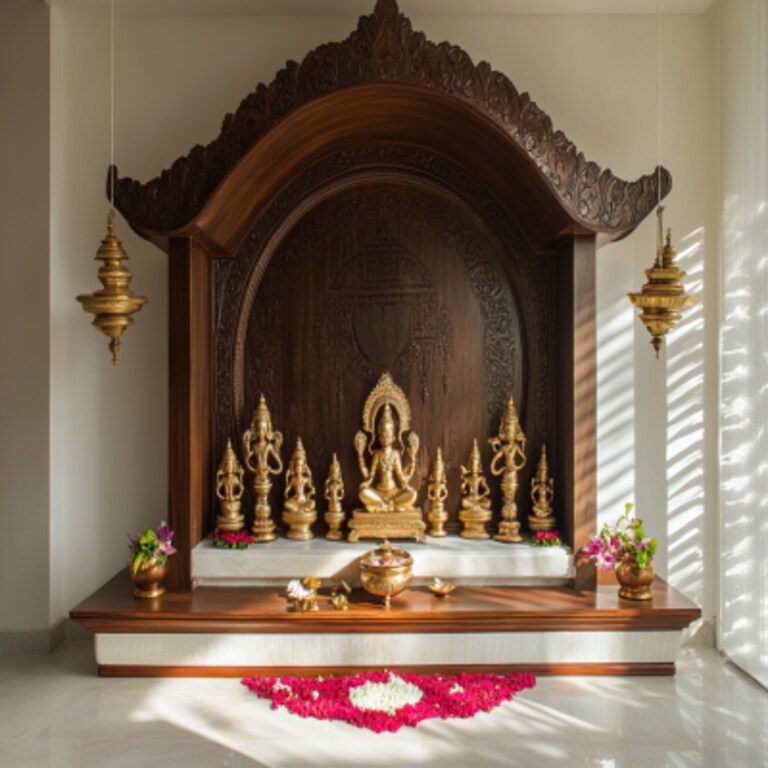 Modern Pooja Unit Design with Circular Backdrop